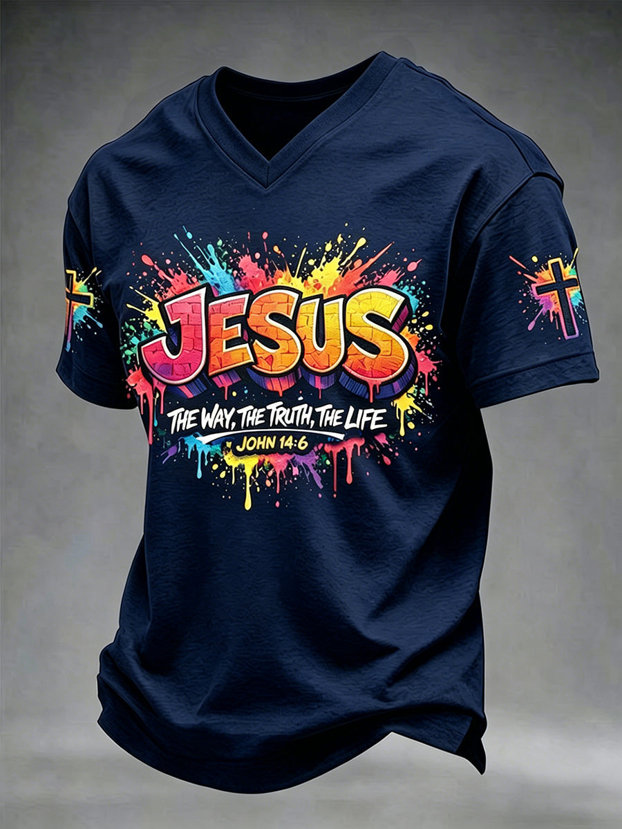 T-shirt à col en V et manches courtes, motif croix chrétienne de Jésus pour homme