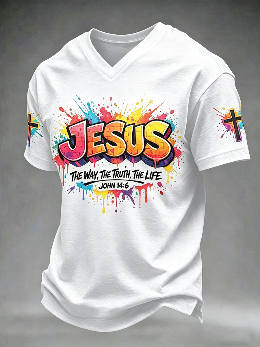 T-shirt à col en V et manches courtes, motif croix chrétienne de Jésus pour homme