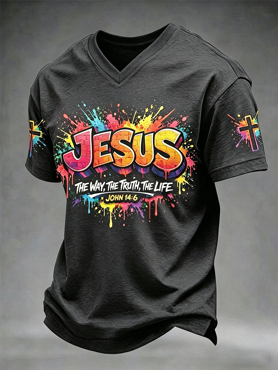 T-shirt à col en V et manches courtes, motif croix chrétienne de Jésus pour homme