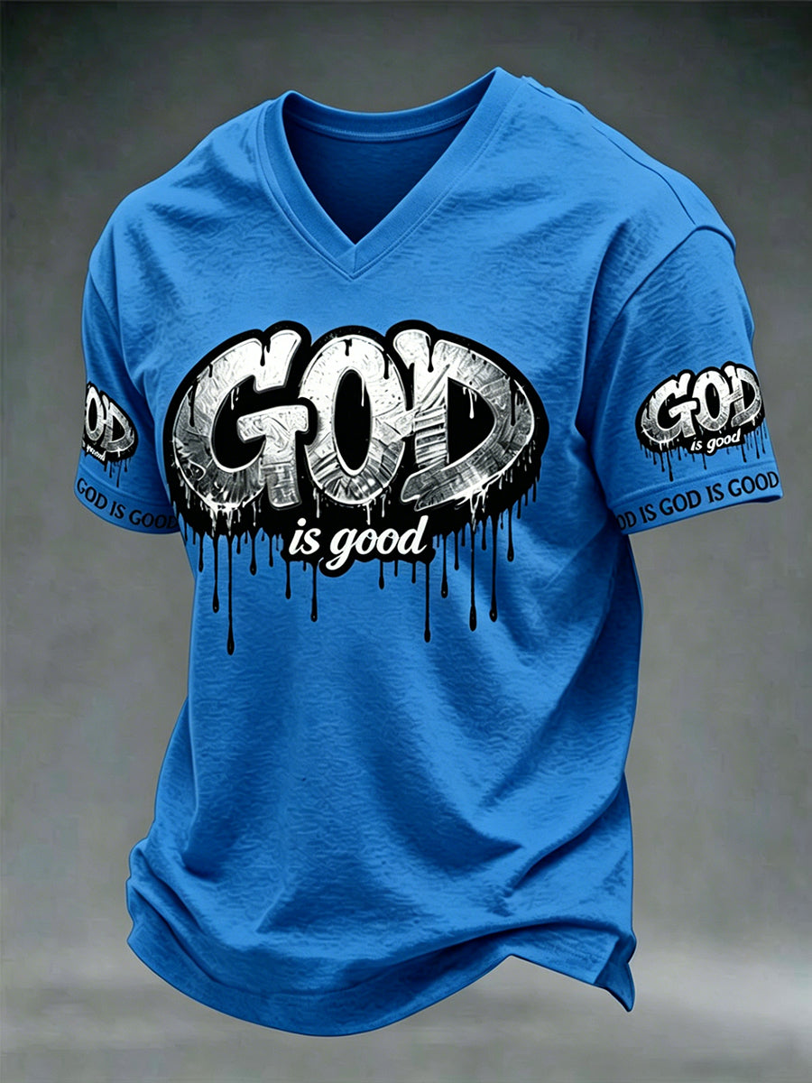 T-shirt col en V à manches courtes pour homme motif Croix "Dieu est bon"