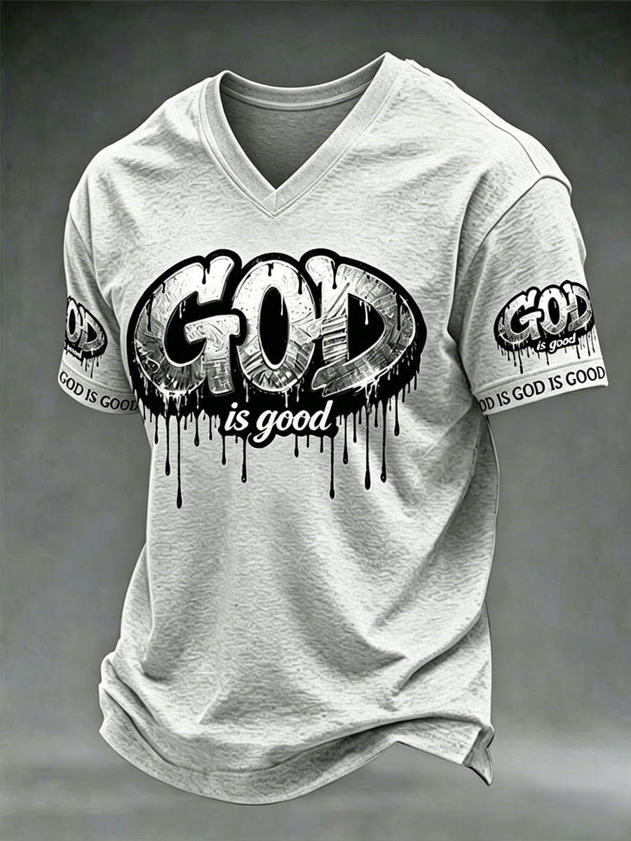 T-shirt col en V à manches courtes pour homme motif Croix "Dieu est bon"