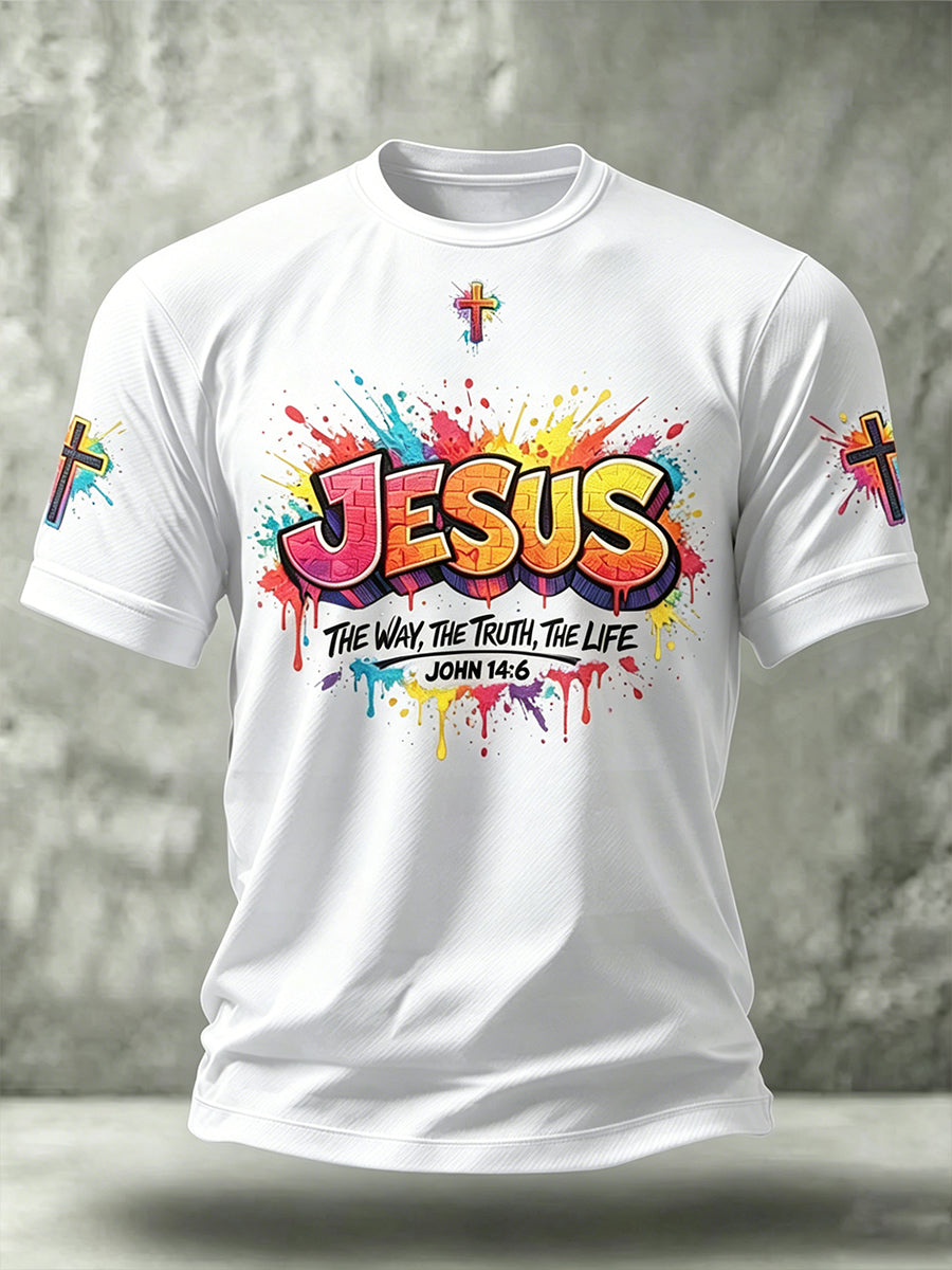 T-shirt chrétien pour homme à manches courtes et col rond, motif croix de Jésus