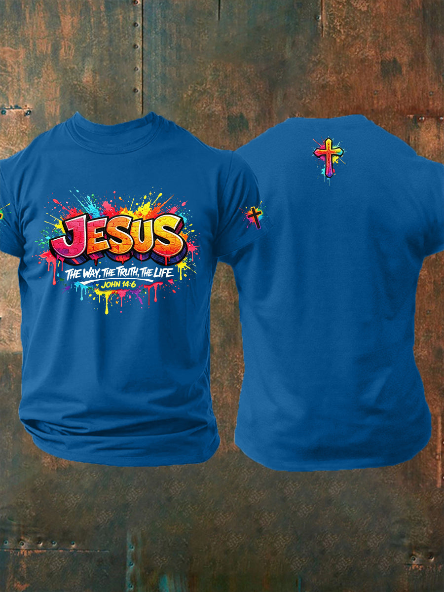 T-shirt col rond à manches courtes avec croix chrétienne de Jésus pour homme