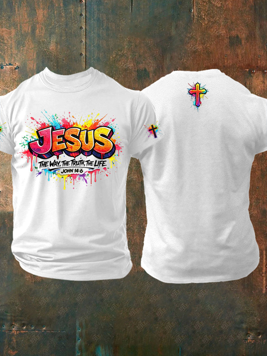T-shirt col rond à manches courtes avec croix chrétienne de Jésus pour homme