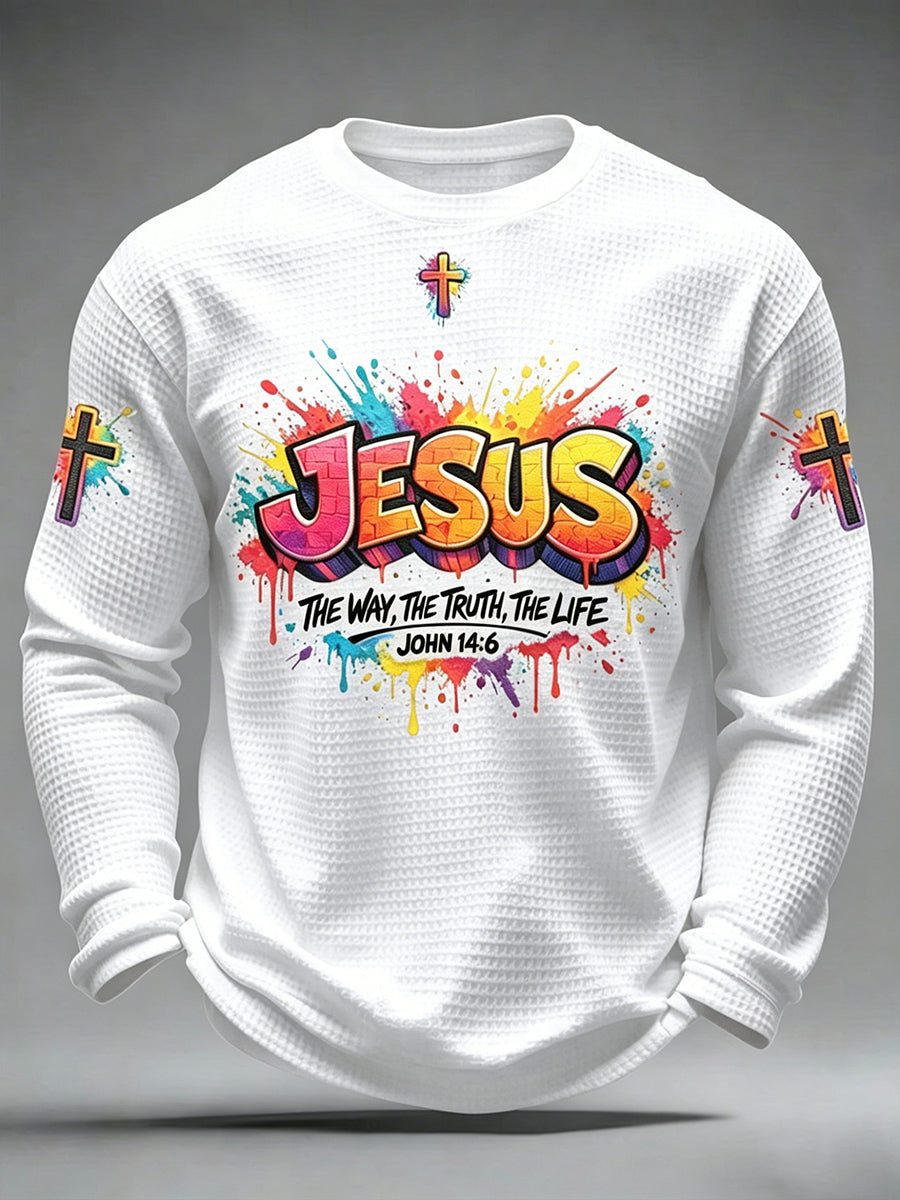 T-shirt gaufré à manches longues pour hommes avec croix chrétienne de Jésus