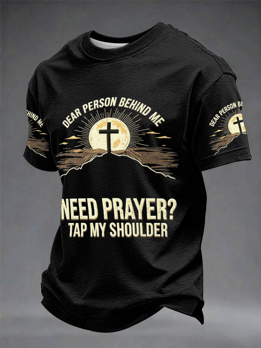 Men's"Need Preyer? Tap My Shoulder"Art Embroidery Print Unisex Casual T-shirt