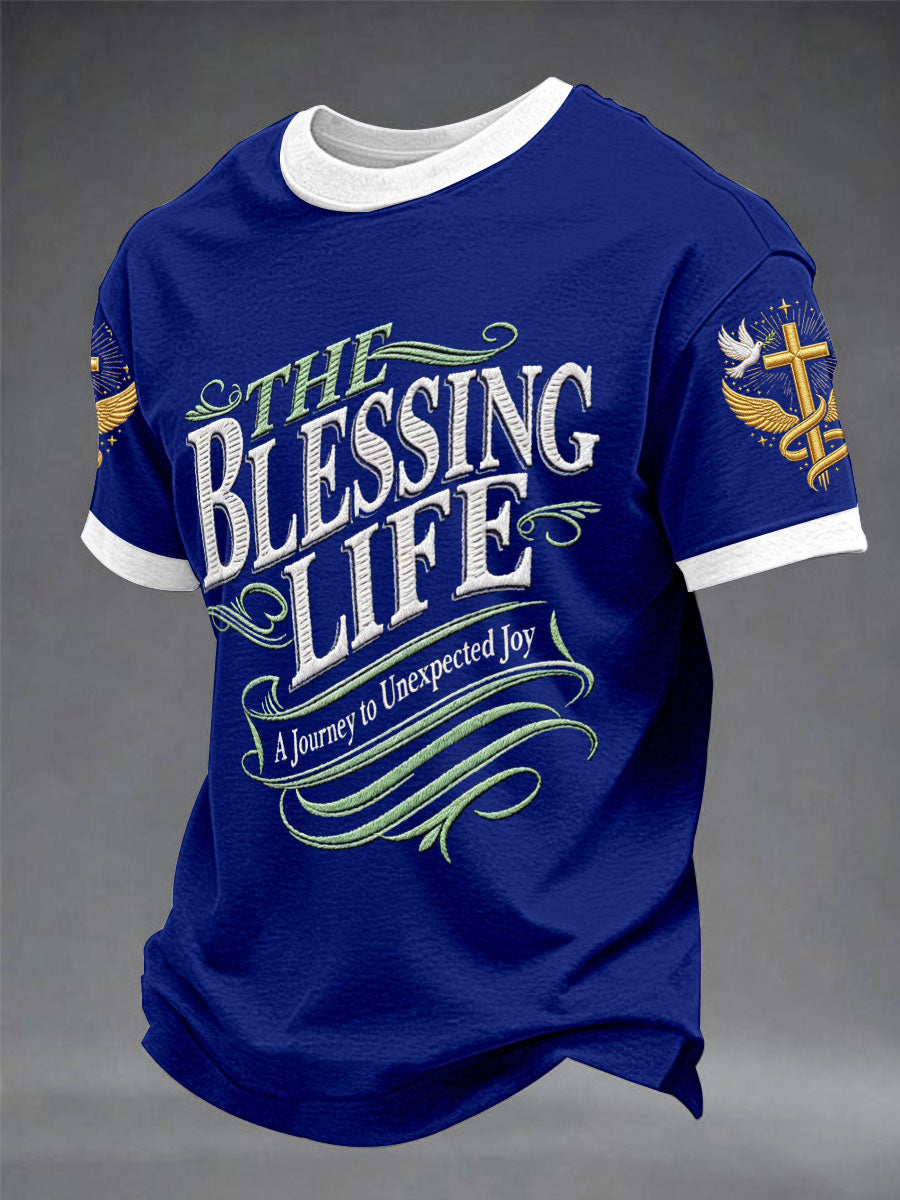 Men's"The Blessing Life" Art Embroidery Print Unisex Casual T-shirt