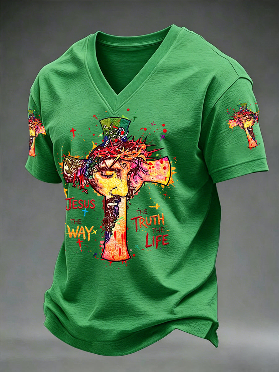 Men's Jesus The Way The Truth The Life Print Casual V-Neck Tee
