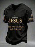 Herren T-Shirt mit V-Ausschnitt, christlich, Jesus Der Weg, die Wahrheit, das Leben, Johannes 14,6, Kreuz