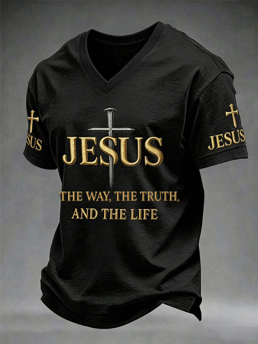 Herren T-Shirt mit V-Ausschnitt, christlich, Jesus Der Weg, die Wahrheit, das Leben, Johannes 14,6, Kreuz