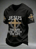 Herren T-Shirt mit V-Ausschnitt, christlich, Jesus Der Weg, die Wahrheit, das Leben, Johannes 14,6, Kreuz