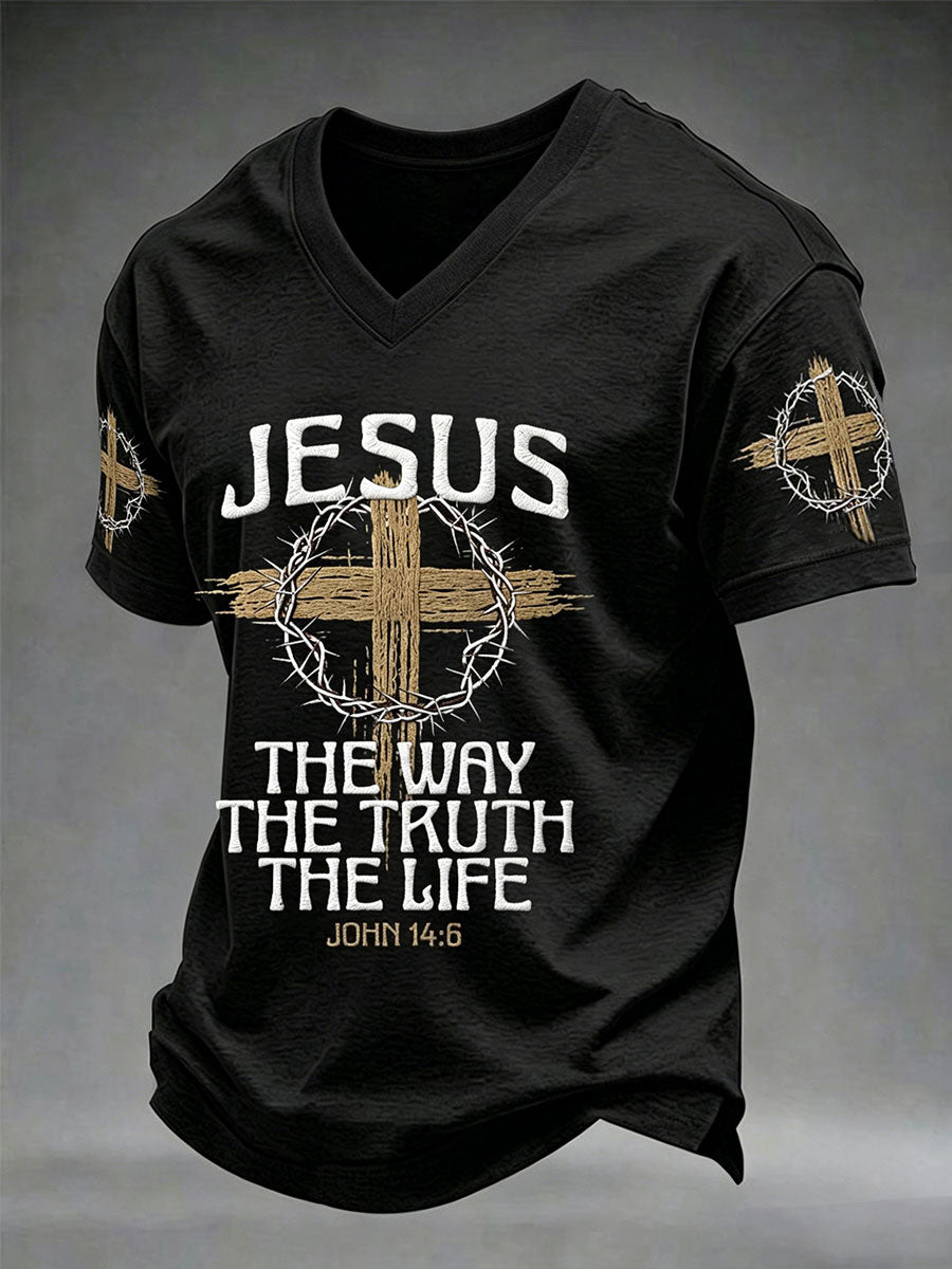 Men's Christian Jesus The Way the Truth The Life John 14:6 Cross V-neck T-shirt