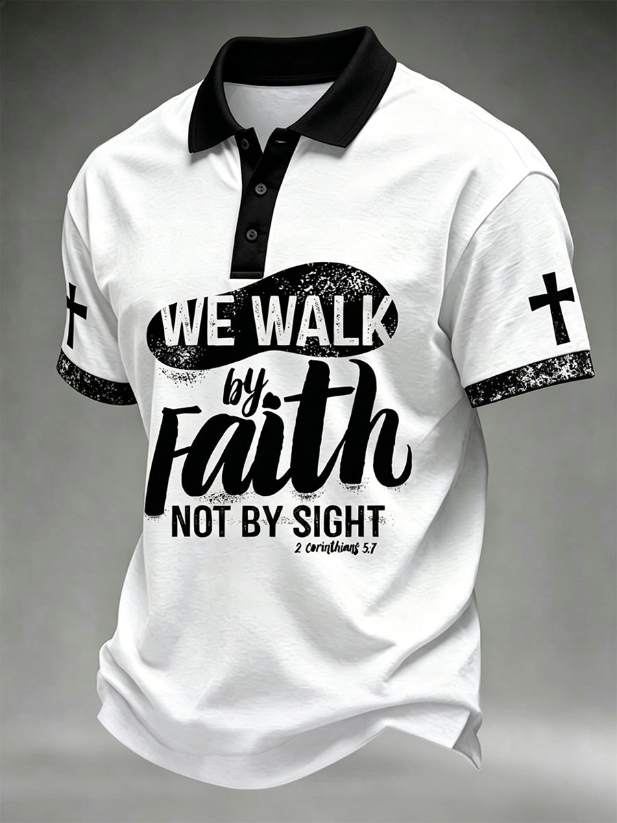Men's Christian Cross We Walk By Faith Not By Sight Print Polo