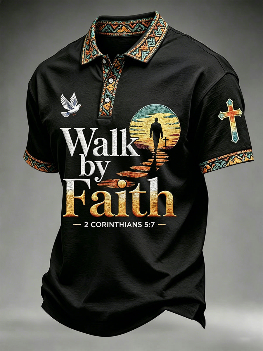 Men's Christian Cross Walk By Faith Not By Sight Print Polo