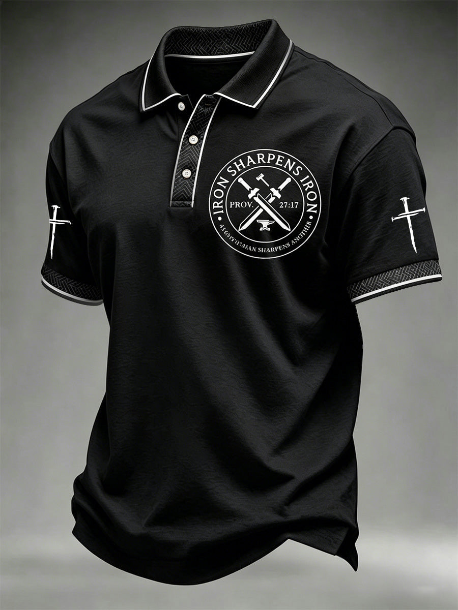 Men's Christian Cross Iron Sharpens Iron Print Casual Polo