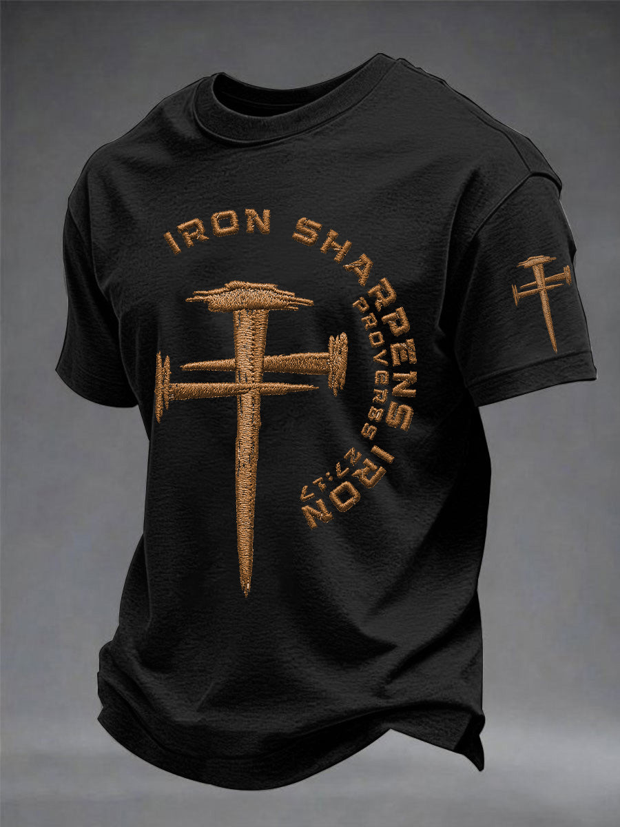 T-shirt décontracté imprimé « Le fer aiguise le fer » avec croix chrétienne pour homme