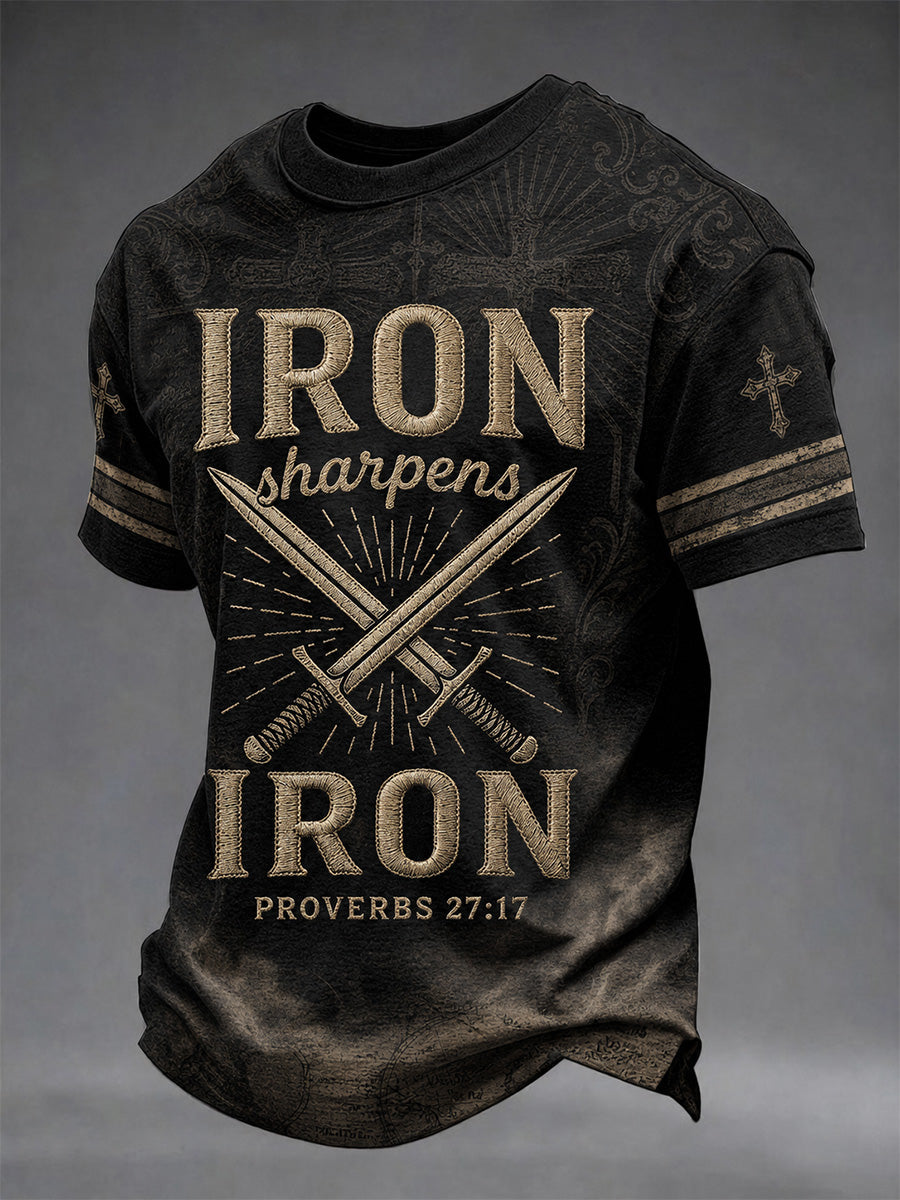 Men's Christian Cross Iron Sharpens Iron Print Casual Tee