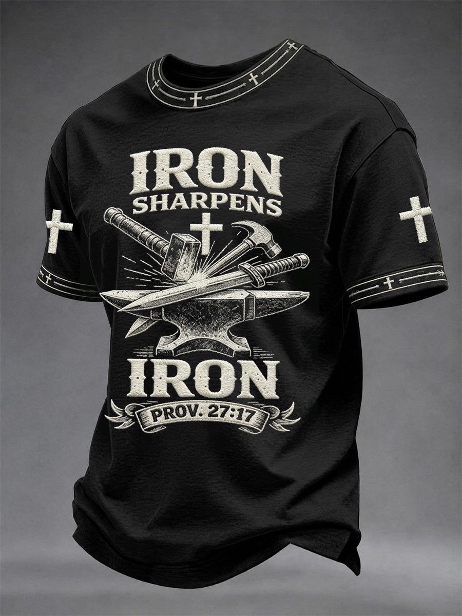 Men's Christian Cross Iron Sharpens Iron Print Casual Tee