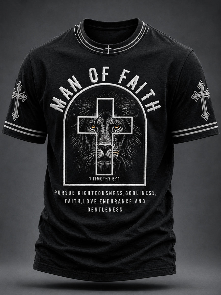 Herren Christian Man of Faith Löwe und Kreuz Kurzarm-T-Shirt