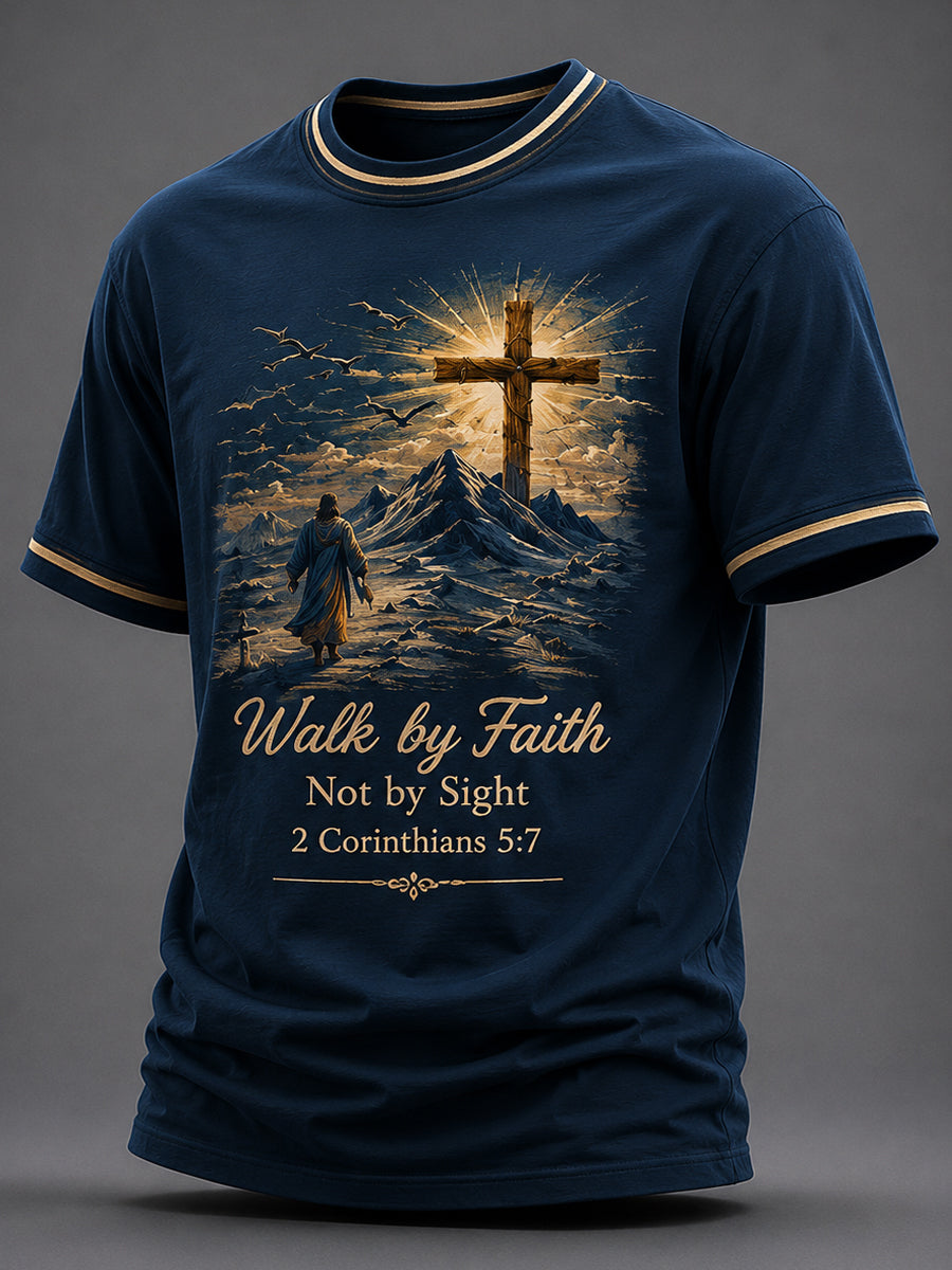 Men's Christian Walk By Faith Not By Sight Print Casual Tee