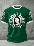 Men's Jesus And Coffee Print Casual Tee